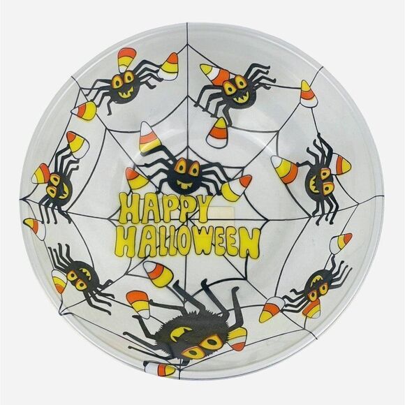 Vintage 1996 Pumpkin Hollow 11" Plastic Halloween Bowl Spiders Candy Corn Web - Picture 1 of 5